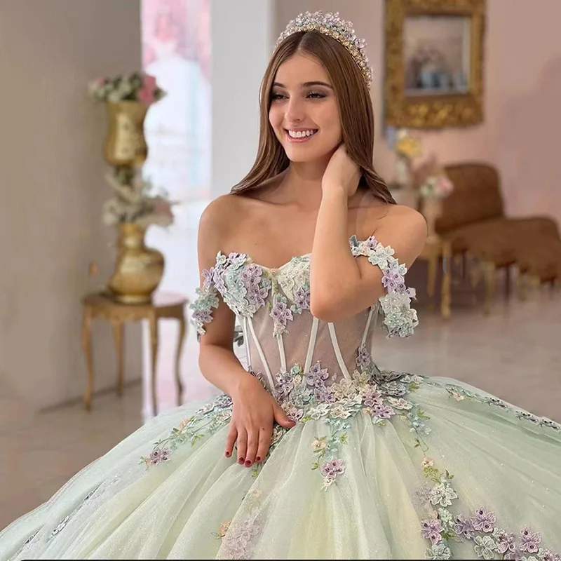 ANGELSBRIDEP Off-Shoulder Ball Gown Quinceanera Dresses Vestidos De 15 Anos 3D Flower Lace Formal Birthday Princess Party HOT