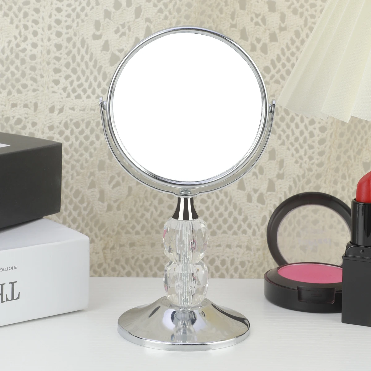 1 pcs Tabletop Makeup Mirror Crystal Rod Stainless Steel Magnifying Mirror Dressing Mirror Small Mirror Office Dorm Room Table S