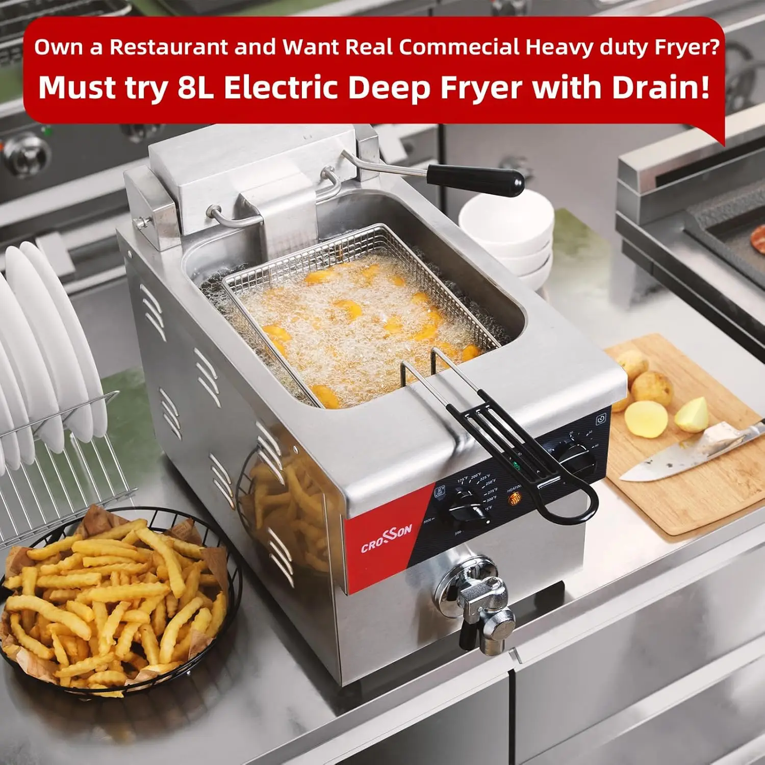 Crosson 8L Countertop Electric Deep Fryer With Draining Valve,Solid Basket And Lid For Restaurant Use 120V,1800W Stainless