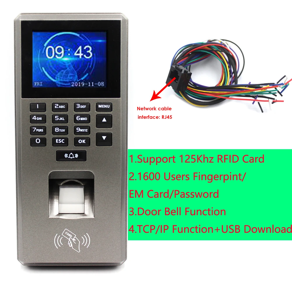 

1600 User 125Khz RFID Fingerprint Access Control Keypad Biometric System Password Card Reader USB TCP/IP Time Attendance Device