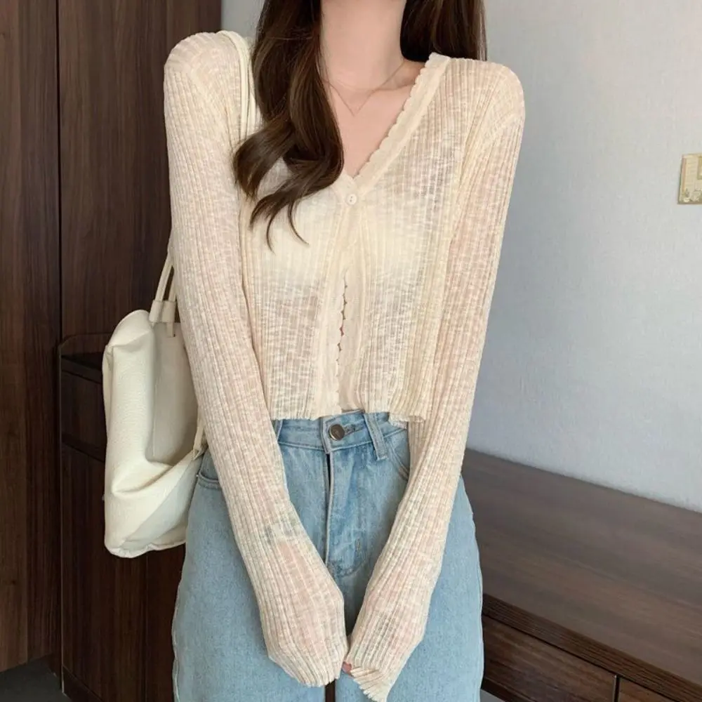 Casual Lace Long Sleeve Cardigan V-neck See Through Sun Protection Tops Korean Beach Wear Slim Crochet Cardigan Streetwear