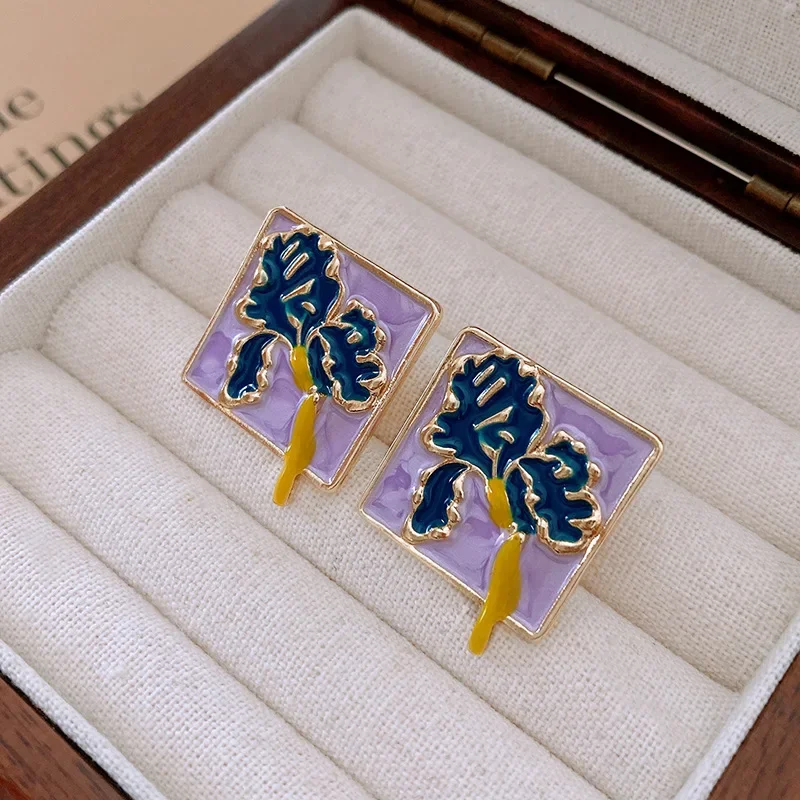 Enamel Purple Square Flower Print Stud Earring for Women Geometry Sweet Cute Jewelry Accessory Wedding Girl Gift