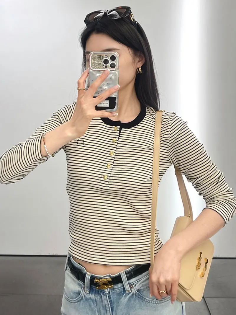 

Long Sve Knitted T-irt Women's Gold Button Embroidered Striped Logo Bae High Quali Cotton Casual Sle Slim Fit