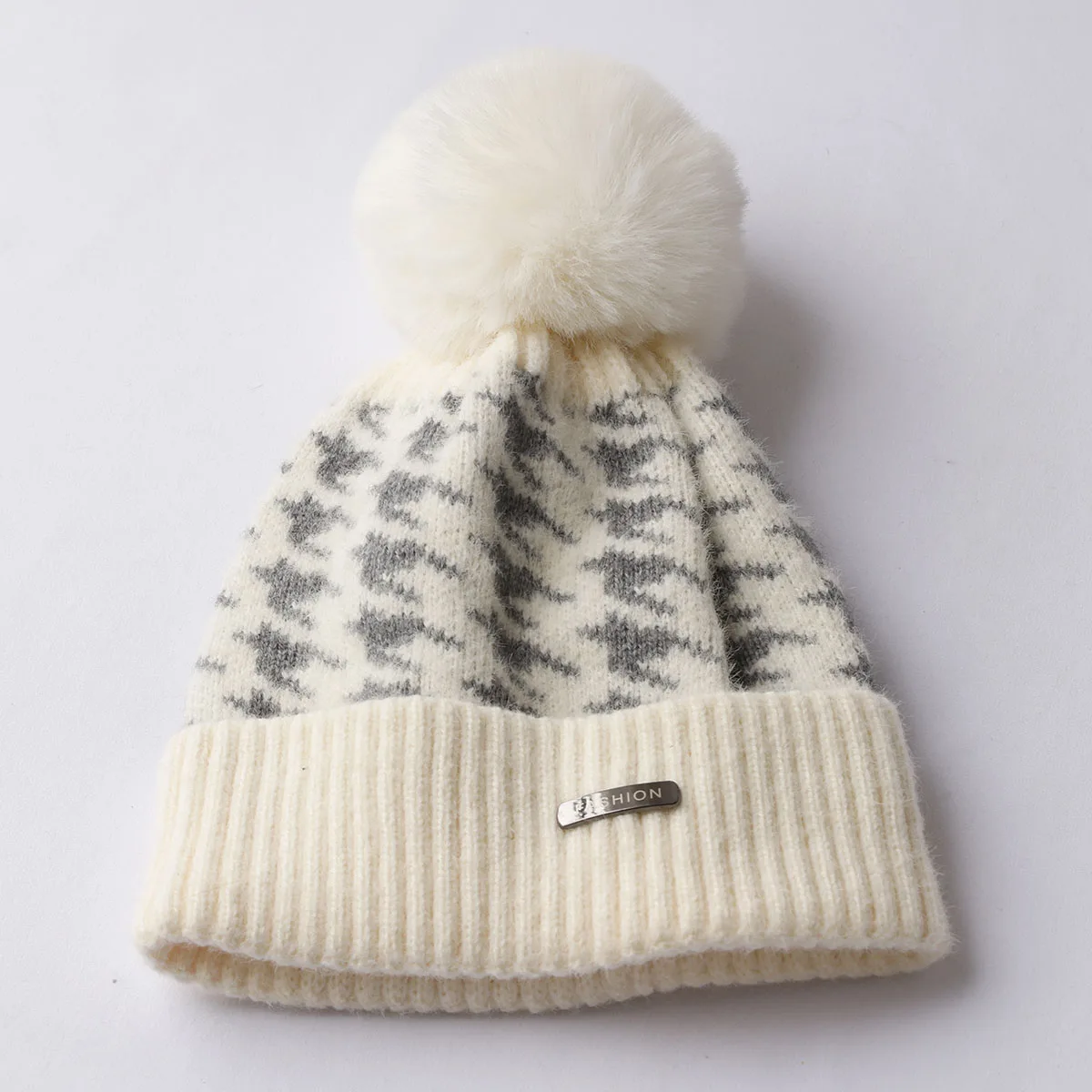 new Winter stripe Knitting Hat For Women Fur Pompom Thick Plush Cap Beanie Solid Color Ladies Warm Ski Snow Skullies Beanies