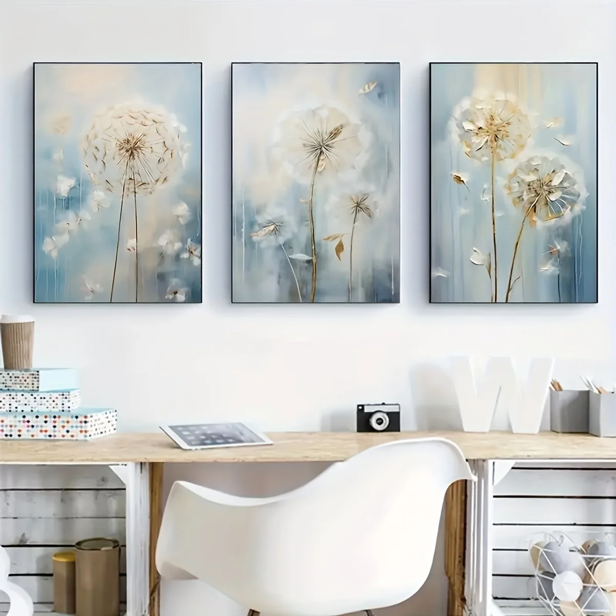 3-Piece Set Rustic White and Golden Dandelion Canvas Posters, Frameless Wall Art Prints, Gift Artwork for Bedroom, Office, Livin