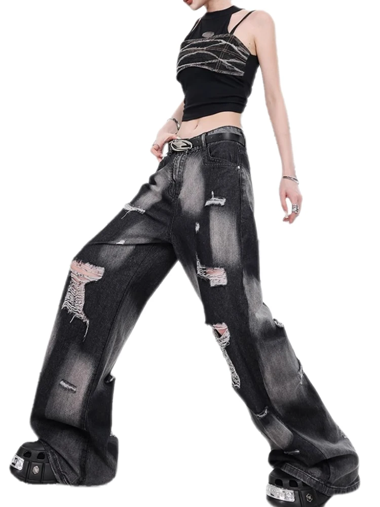 Damskie czarne, barwione krawatowo gotyckie, zgrywanie dżinsy Cargo Harajuku japońska moda uliczna 2000s dżinsy Emo 90s Vintage Denim tandetne ubrania