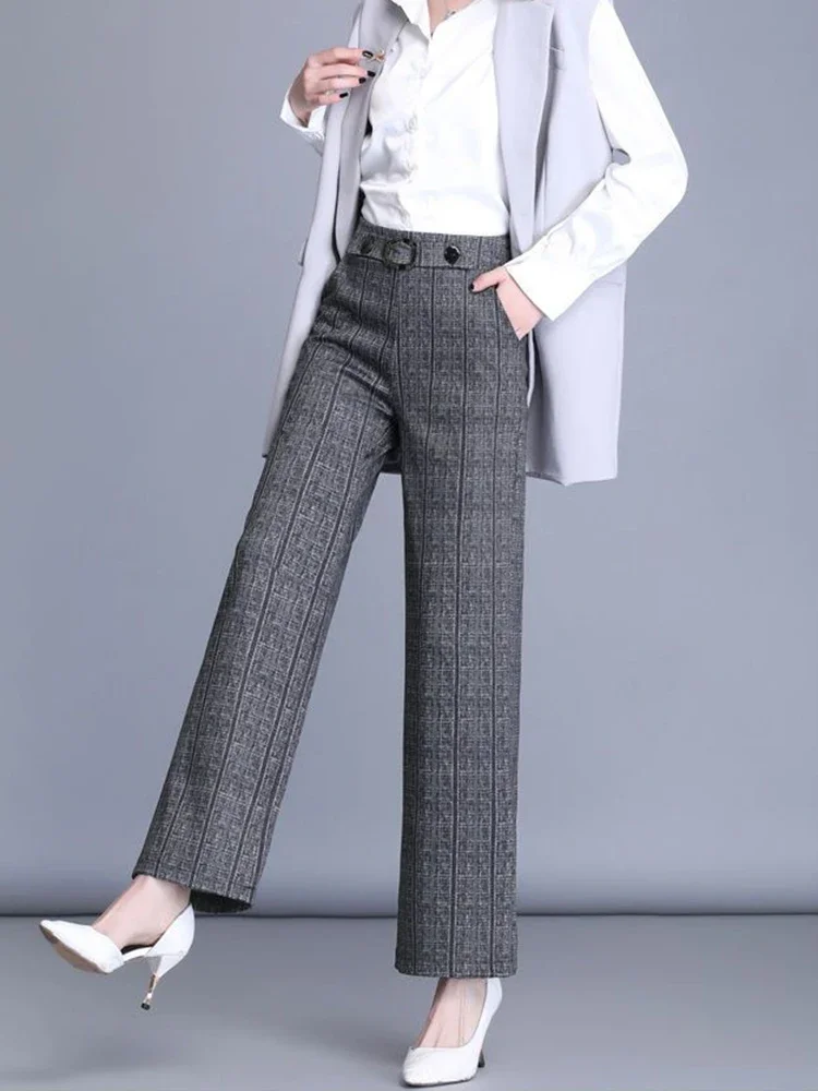 Plaid Office Straight Pants Women Big Size Korean Casual Baggy Pantalones High Waist Formal Wide Leg Trousers New B273