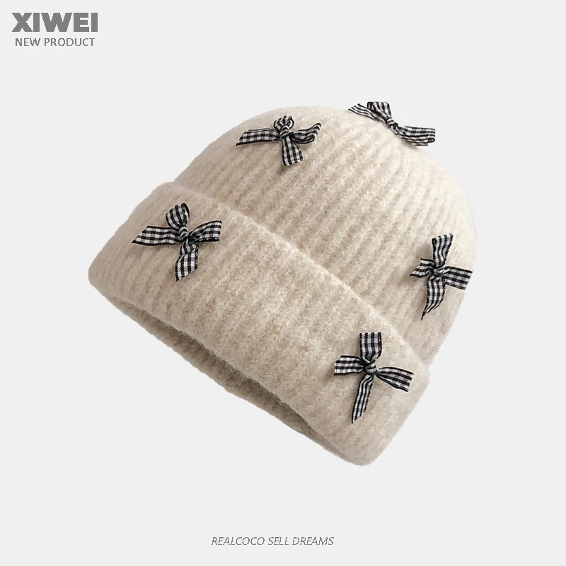 

Корейская нишевая клетчатая декоративная шапка-пуловер с бантом, осенне-зимняя теплая утолщенная шапка-бини с черепом для ушей для женщин