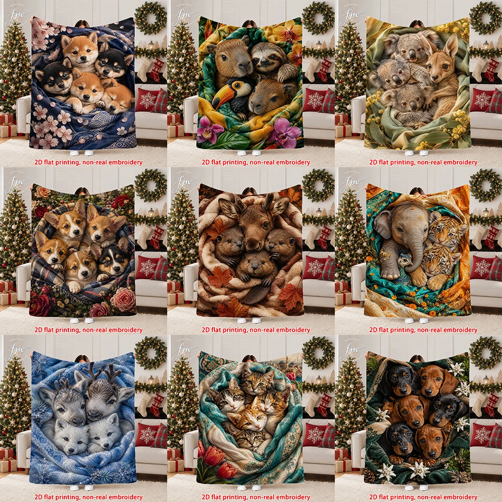 1pc  Cute Animal Bundle Throw Blanket, 2D Flat Printed Soft Cozy Fleece Blanket for Home Sofa Bed Decor