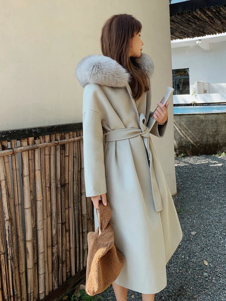 

2023 New Winter Jacket Real Fur Coat Women Natural Fox Fur Collar Hooded Belt Cashmere Blends Wool Ladies Long Outerwear