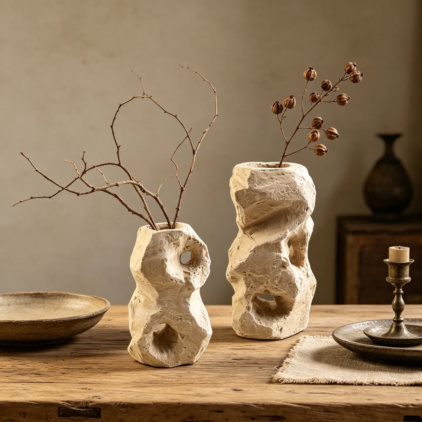 Hollow Stone Vase Travertine Texture Resin Imitation Rock Vase Irregular Hole Design Flower Vase Nordic Home Tabletop Ornament