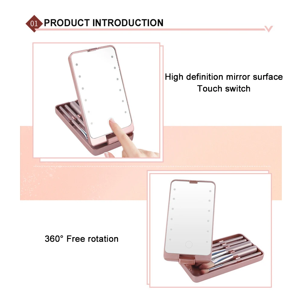 Travel Makeup Brush Set with Lightable Rotatable Mirror Soft Bristle Makeup Smudge Tool for Women Girls