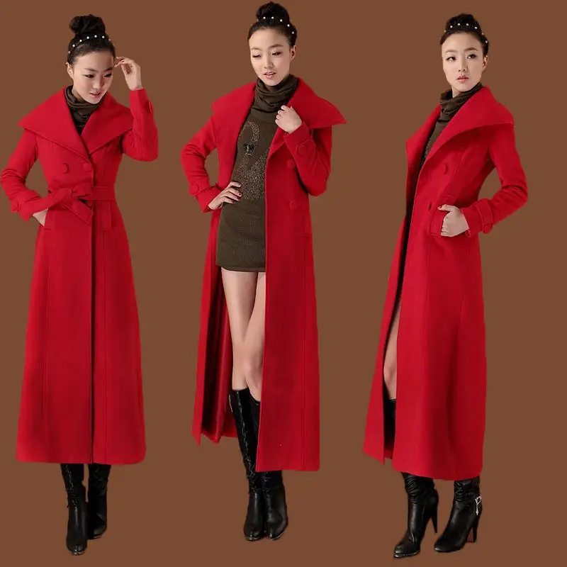 Double-sided cashmere coat women's long slim-fitting and thin woolen trench coat plus long over-knee woolencoat double-breasted.