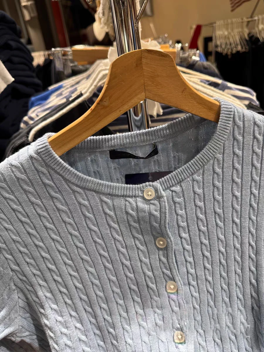 Lichtblauw Leuke Twist Bloem Trui Vest Vrouwen O-hals Single Breasted Katoenen Crop Top Zoete Effen Slanke Jas Met Lange Mouwen Nieuw