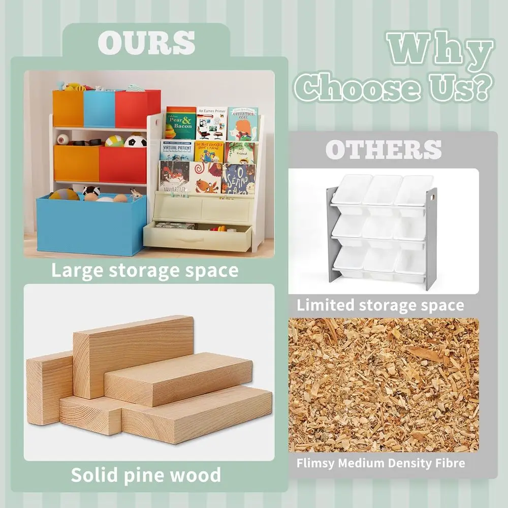 Sturdy 3-Tier Wooden Toy & Book Storage with 6 Expandable Bins for Kids