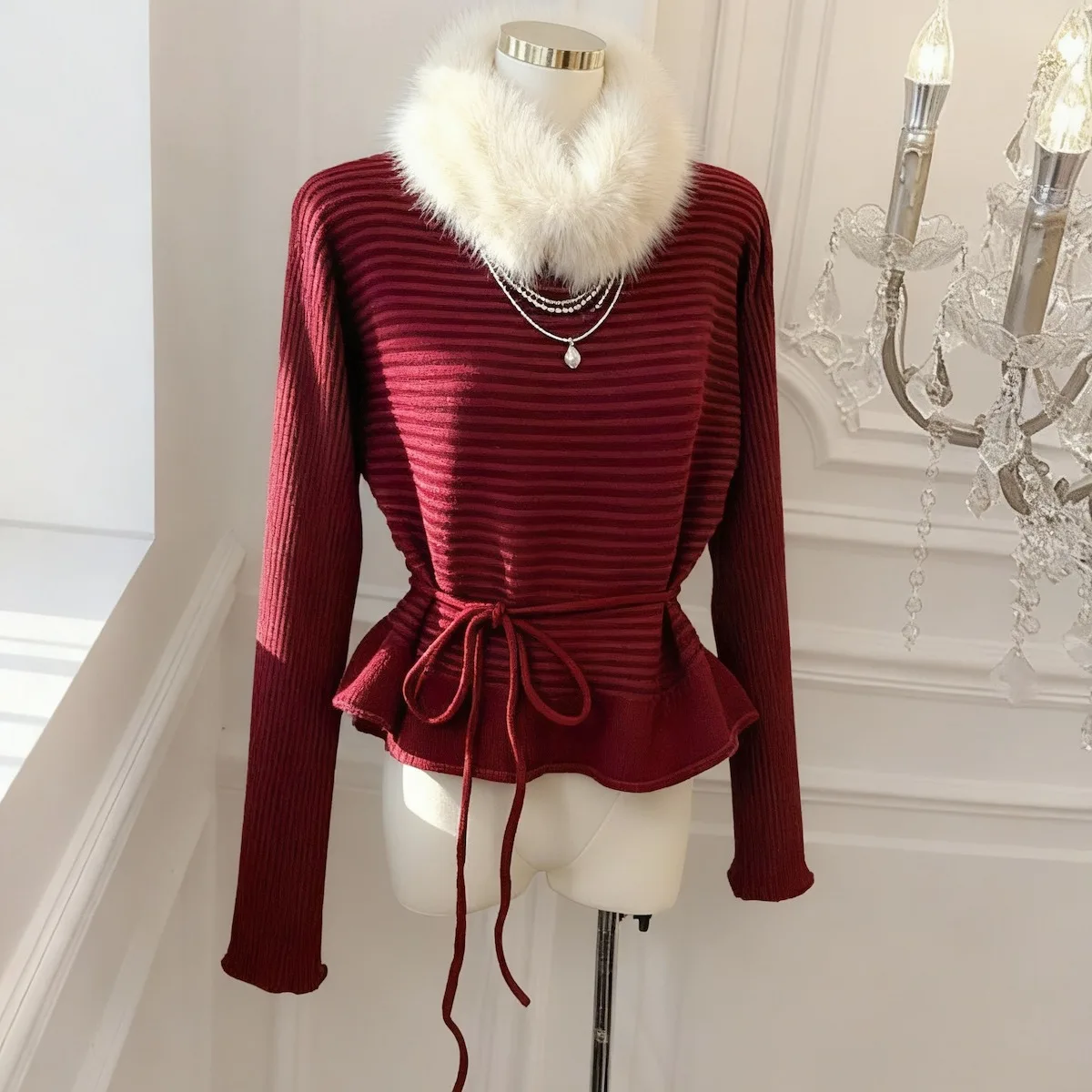 Tie-Dye Knitted Sweater with Faux Fur Collar Detachable Autumn Winter New Sle Warm Casual Loose Fit Long Sve Women's Top