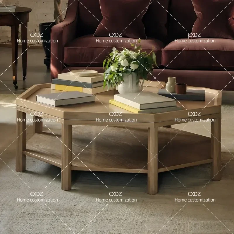 American Country Solid Wood Coffee Table Living Room Multilateral Tea Table Retro Balcony Polygonal Small Side Table