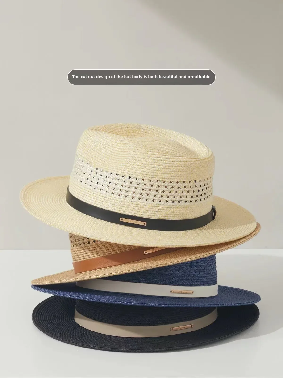 

New Summer Panama Hollow Grass Hat Top Hat Jazz Hat Sunshade Wide Edge Unisex Big Head Circumference Shows Face Size