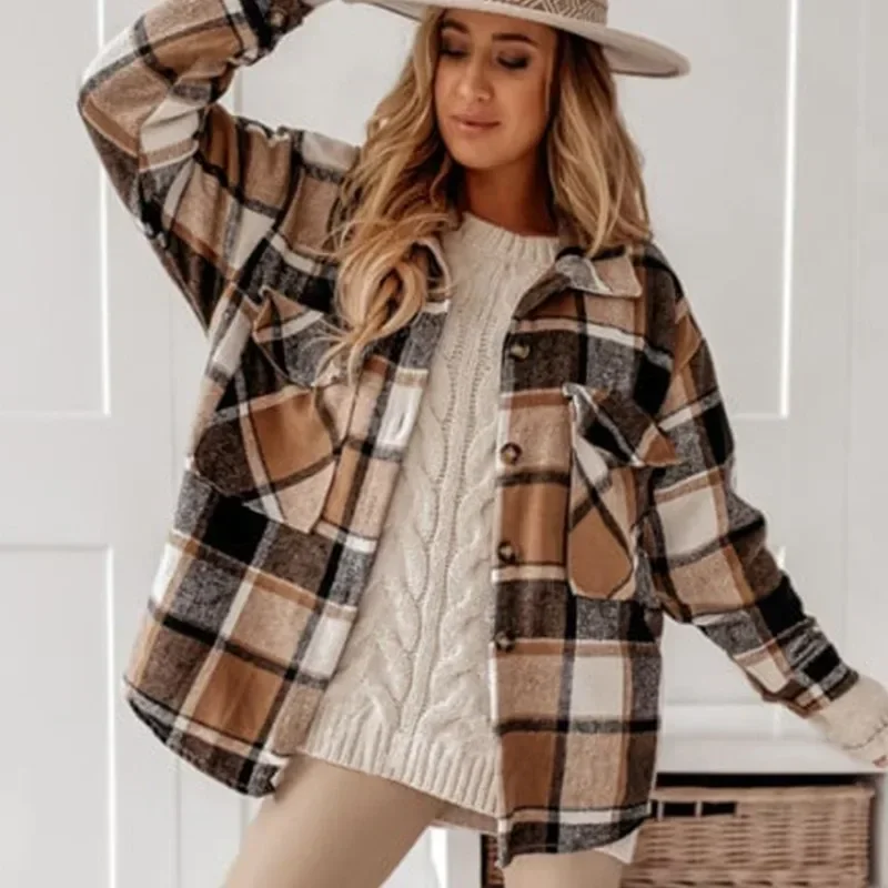 Large Pocket Loose Bleads Plaid Woolen Casual Y2K American Style Shirt Caots Women Long Sleeve Fashion Loose Shirt Jackets