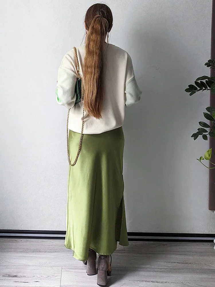 Streamgirl Maxi Solid Slit Skirts For Women Long Elegant Summer Office Champagne Satin Skirts Elastic Waist Women's Summer Skirt
