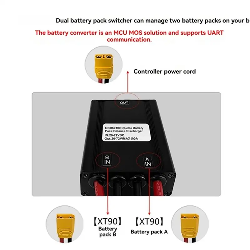 A99I-Dual Battery Discharge Converter Electric For E-Bicycle 20-72V 60A, Simultaneous Connection Adapter For E-Bike Dual Power