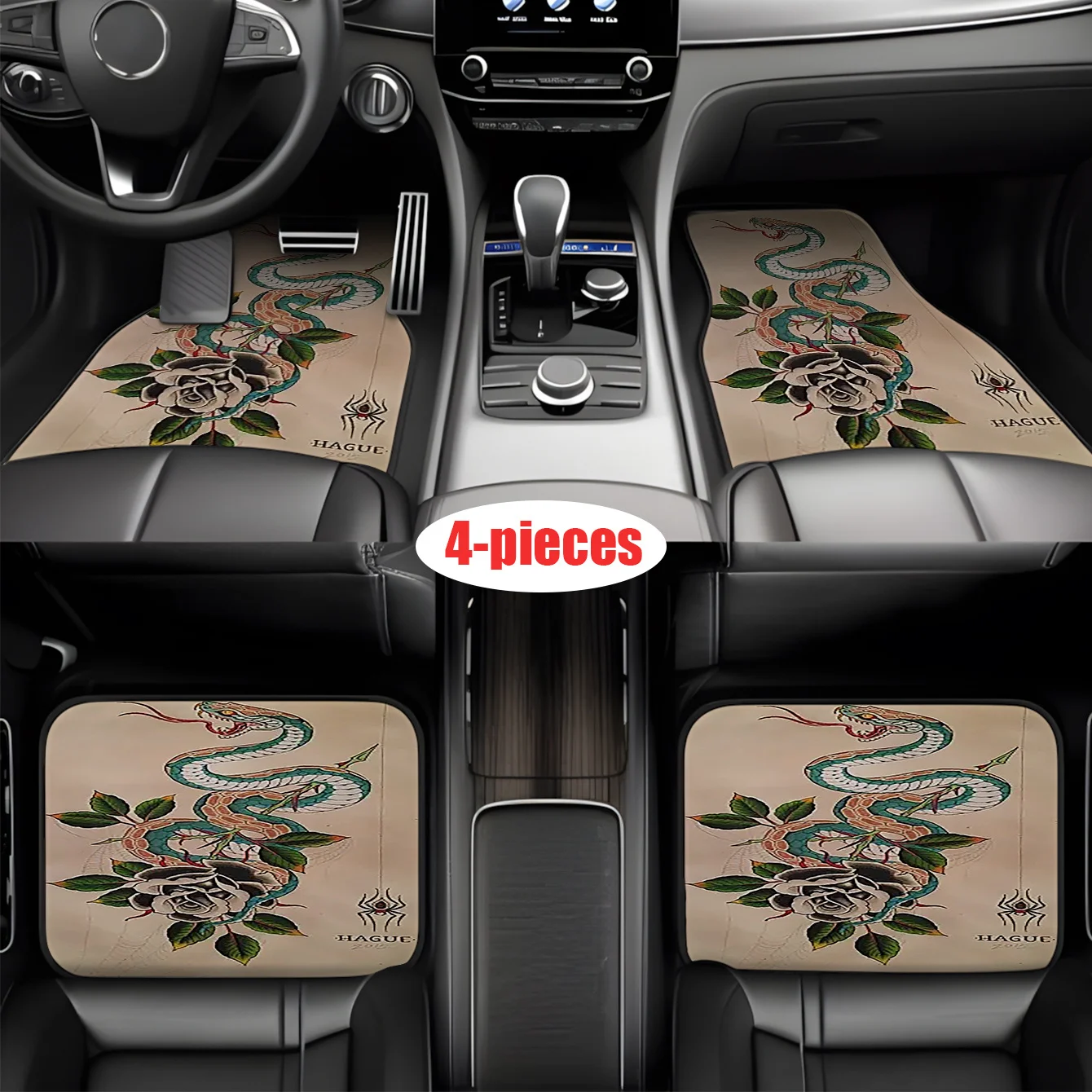 4pcs Car Floor Mats Set, Digital Print Snake Pattern - All-Season Classic Base, Easy-Clean Interior Accessory For All Car Models