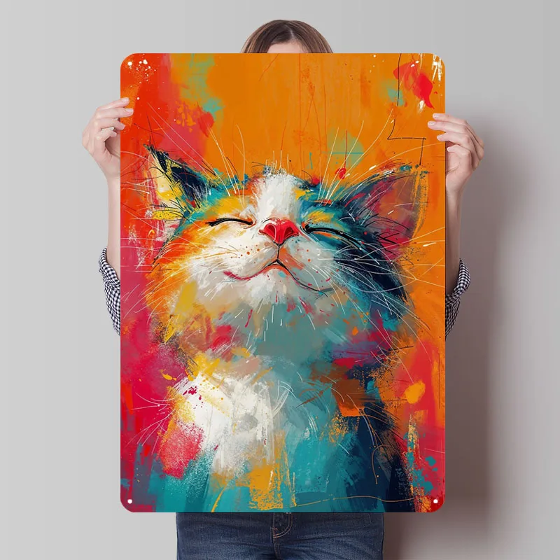 Panneaux métalliques avec moustaches de chat bienheureux, affiche d'animaux, décoration de maison, décor de salon, signe en fer blanc personnalisé pour décoration artistique murale