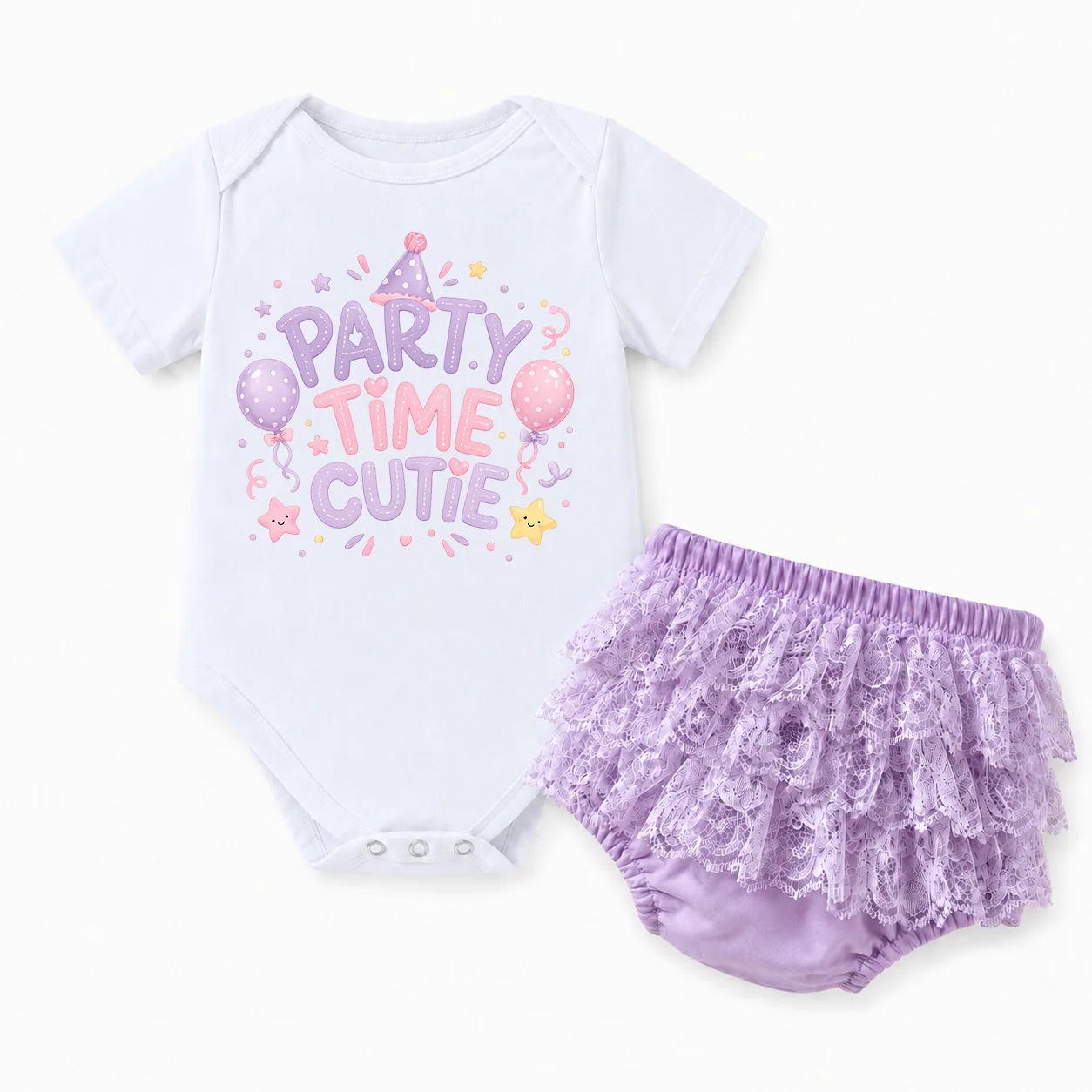Infant Girls Birthday Party Outfit Set Party Time Cutie Onesie Purple Lace Tutu Skirt Baby Princess Photography Costume