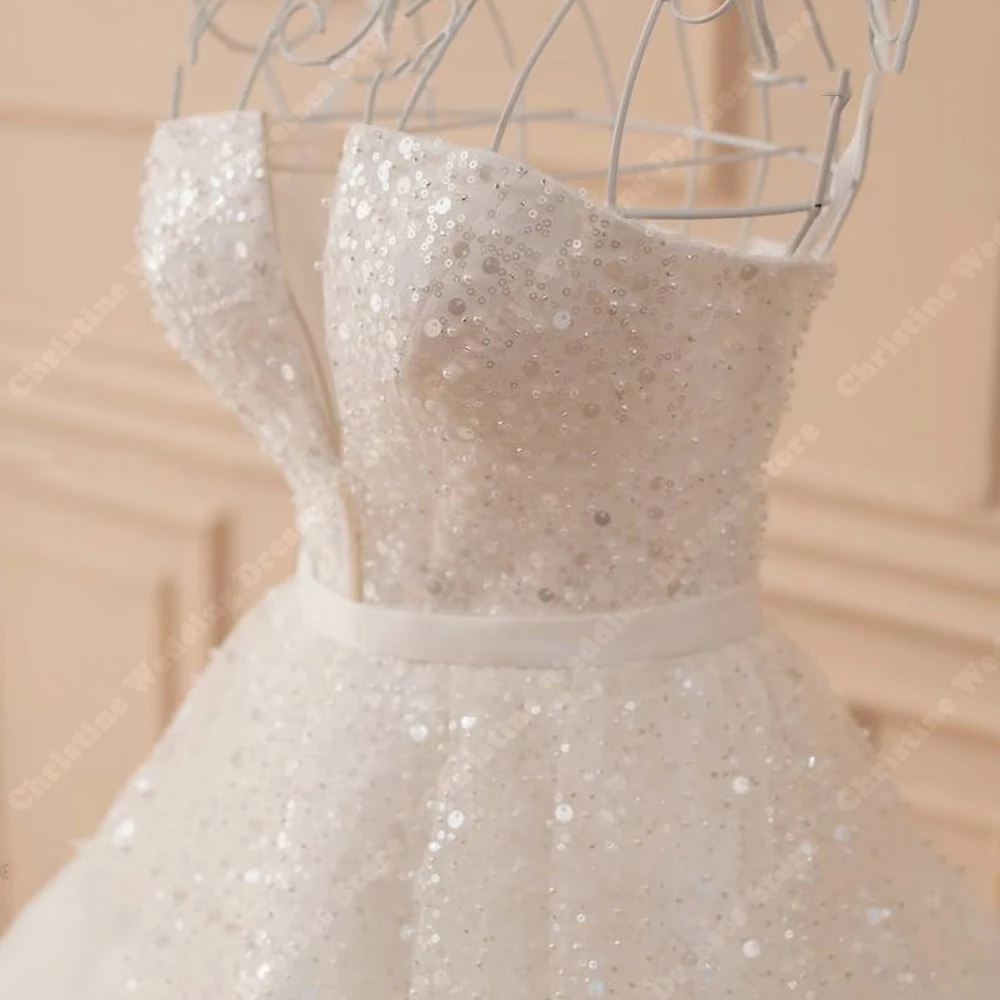 Abiti da sposa senza maniche con colletto a cuore abiti da sposa in Tulle con paillettes brillanti lunghezza della pulizia abiti da Cocktail Party De Novia