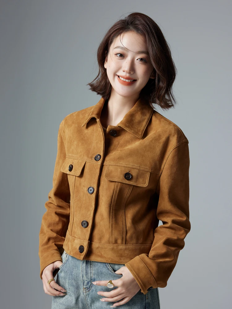 

Vintage Short Genuine Leather Suede Jackets for Women Spring Autumn High-end Simple Single Breasted Slim Real Sheepskin Coat