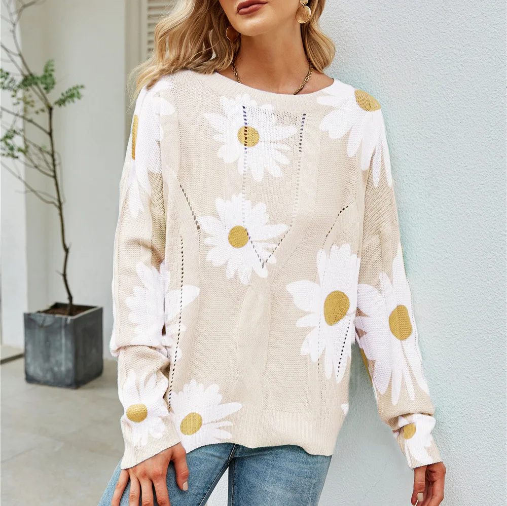 2026 Autumn and Winter New Casual Fashion Sweater Sunflower Flower Knitted Crew Neck