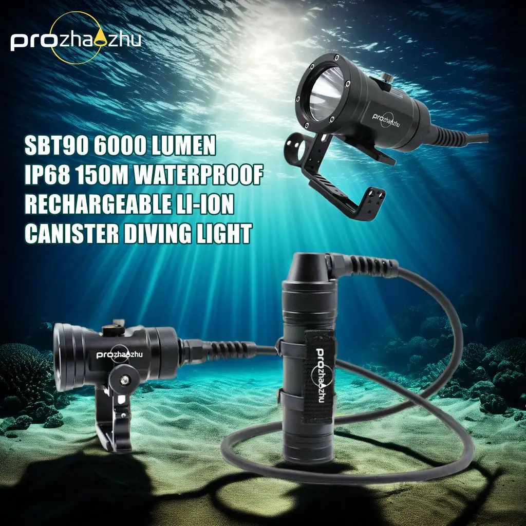 Professional SBT90 Sidemount Canister Diving Light 6000 Lumen Long Range IP68 200M Aluminum Alloy Rechargeable LED Dive Lamp