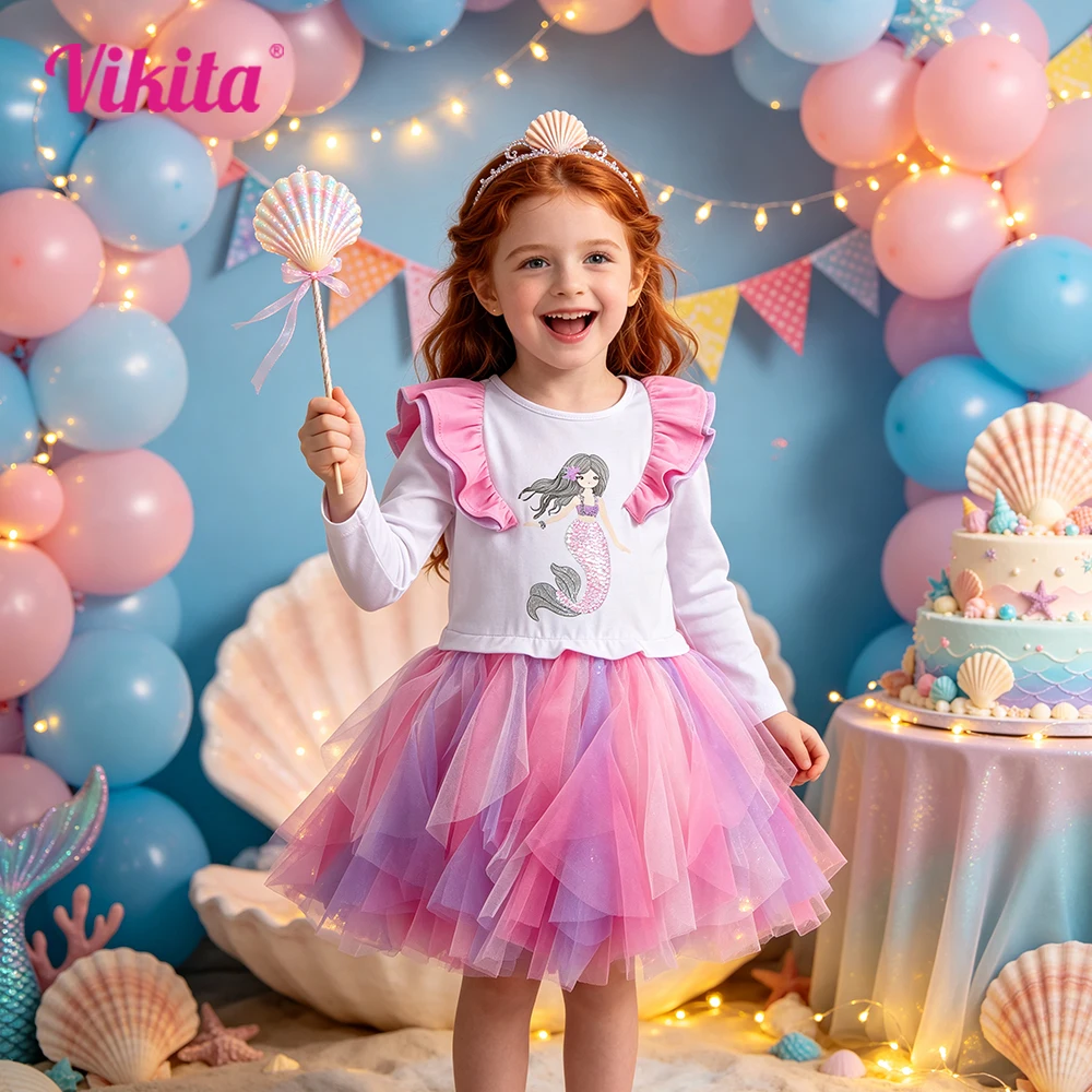 VIKITA Girls Mermaid Sequined Appliqued Long Sleeve Pink Tutu Dress Kids Birthday Party Performance Casual Daily Princess Frocks