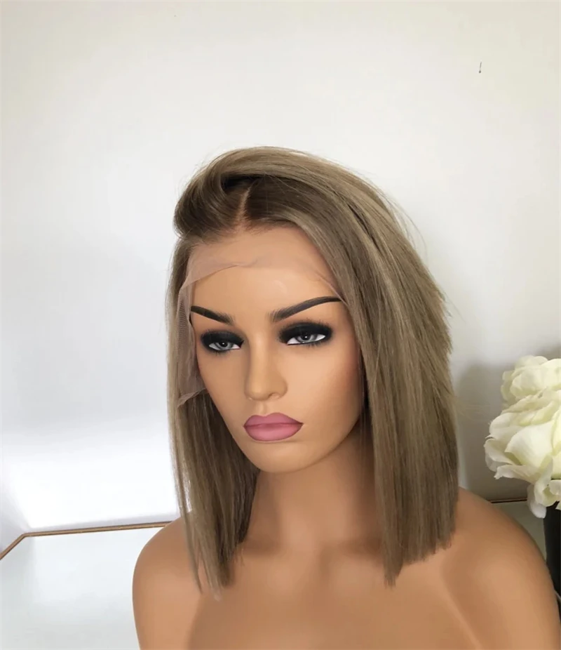 Short Bob Ash Blonde Lace Frontal Wig 100% Human Hair Brown Highlight 13x4 Straight HD Lace Front Human Hair Wigs For Women