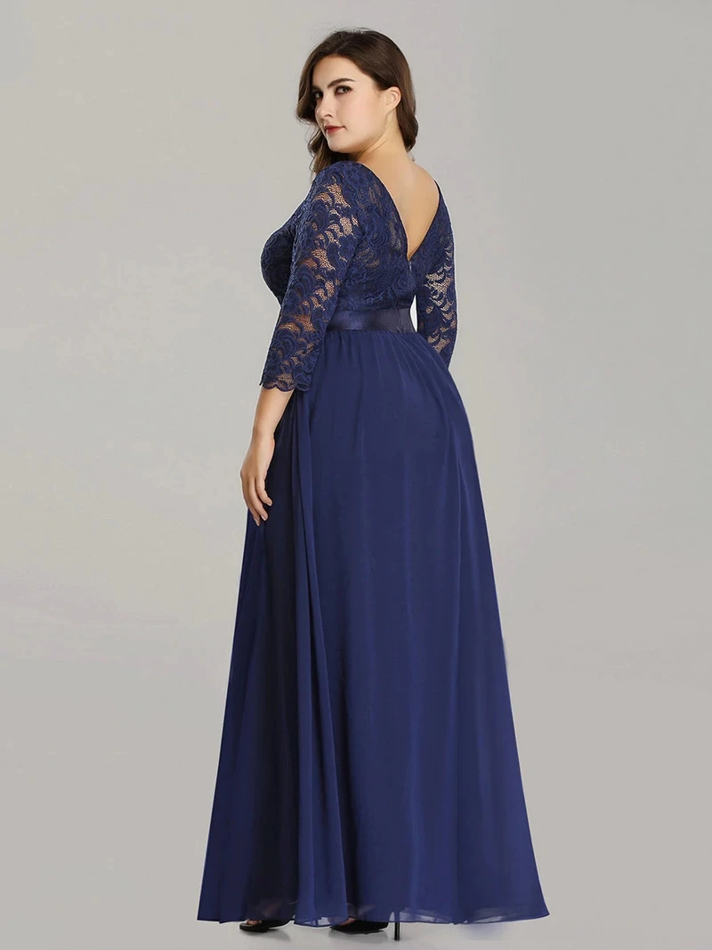 Plus Size Evening Dresses O-Neck Bridesmaid 2024 Ever Pretty with Navy Blue Long Lace Chiffon Sleeve Elegant Dresses for Women