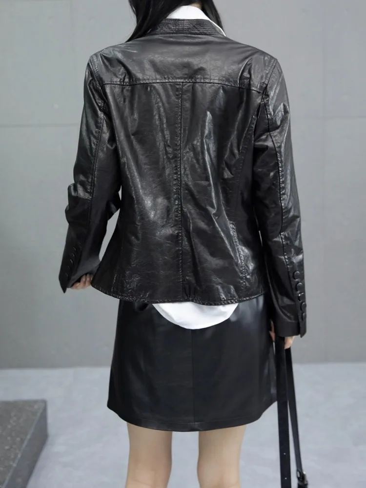 Designer New Female Pocket V Neck Belted Slim Genuine Leather Jacket Coat Vintage Fashion Women Elegant Long Sleeves Outerwear