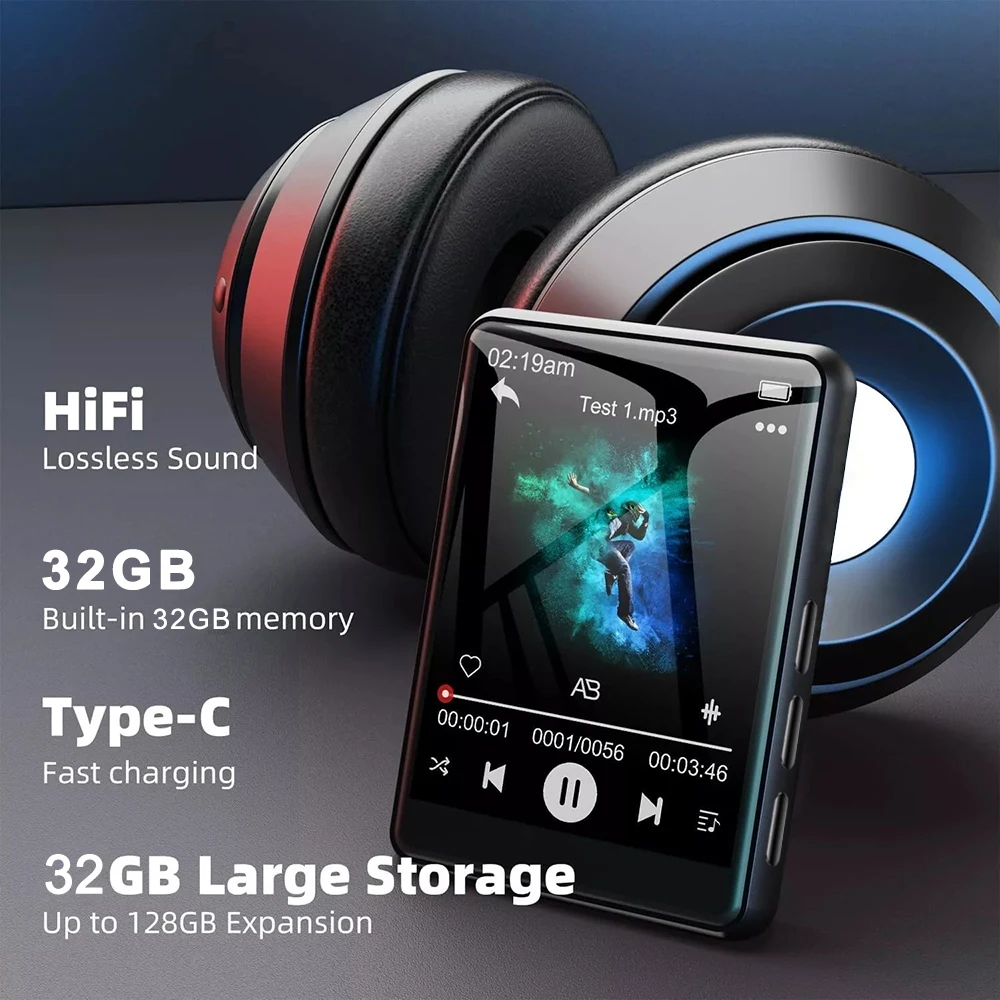 مشغل MP3 بشاشة لمس 2.4 بوصة مدمج 32 جيجابايت بلوتوث MP3 وكمان توسيع الذاكرة تسجيل الصوت مشغل موسيقى تشغيل الفيديو