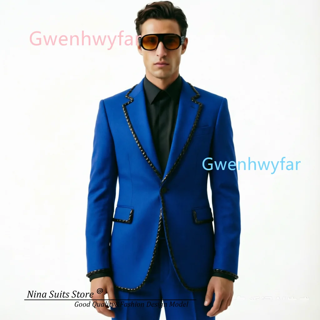 

G&N 2026 Autumn New Men's Wedding Suit 2-piece set with Royal Blue Jacket and Pants Sweded with Black Acrylic Decorations