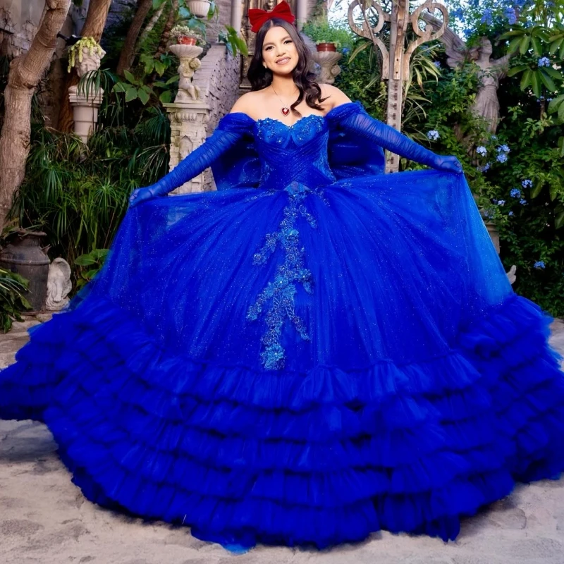 

Royal Blue Shiny Quinceanera Dresses Off The Shoulder Applique Beading Bow Tiered Tull Party Birthday Sweet 16 Dress Vestidos 15