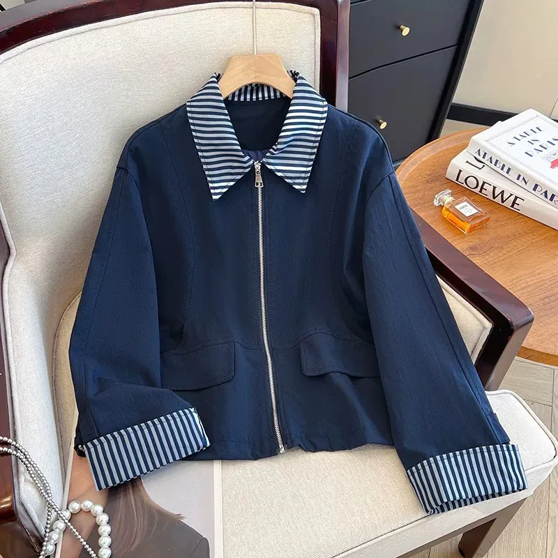 plus Size Women's Plaid Splicing Denim Jacket Regular Sleeve Long Zipper Closure Shoulder Width Autumn Workwear Style Top