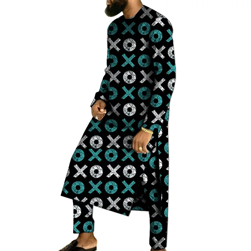 Kleermaker Heren Festival Pak Lang Overhemd Met Broek Mannelijke Nigeriaanse Print Gewaad Set Afrikaanse Traditionele Afrikaanse Outfits