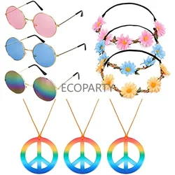 Euvoym 3 Pieces Hippie Costume Accessory Set Retro Style Circle Glasses WithSign Necklace Daisy Sunflower Headbands for Women