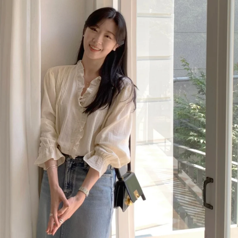 أنيقة المرأة irt خمر لطيف Earlet V-Ne مطوي الملمس الإحساس متوهج Sve أعلى تخفيف Sle طويل Sve