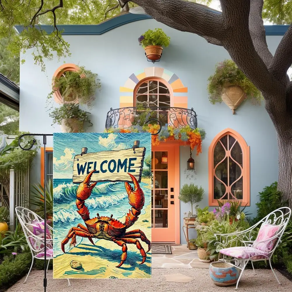 Welcome Crab Garden Flag Spring Summer Grden Flags Vertical Double Sided Small Burlap beach Patio Lawn Holiday Yard Outdoor  xxl