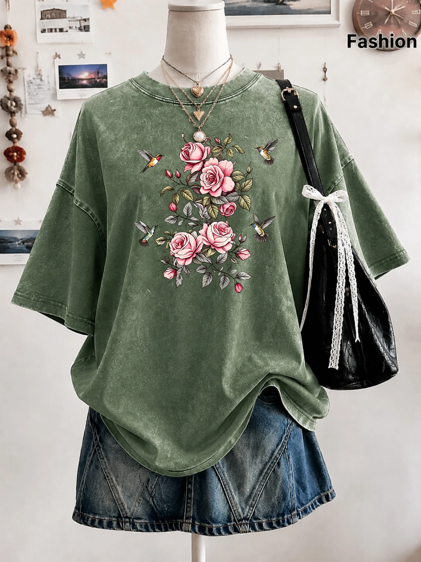 Pink Rose Hummingbird Floral Print Women'S Washed T Shirt Y2K Cotton Breathable T-Shirt Casual Short Sleeve Summer Loose Clothes