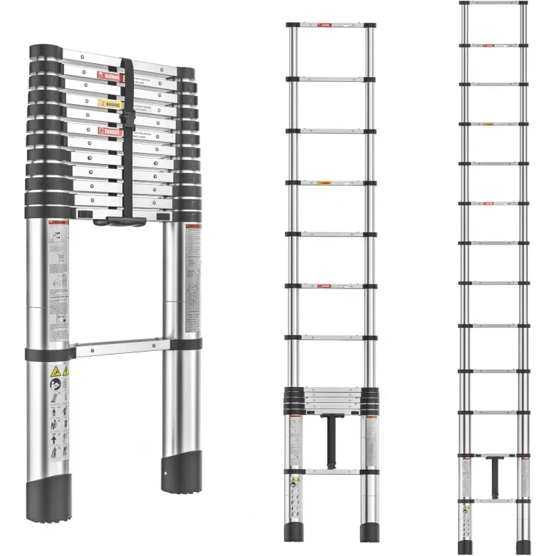 Compact Aluminum Telescopic Ladder,330 LBS Max Capacity with Non-Slip Feet, Ideal Ladders for Home, RV, Attic-Silver