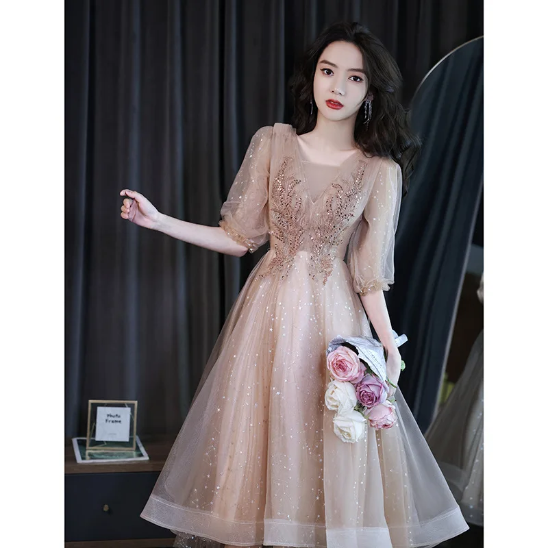 

French Little Evening Female Light Luxury Minority High-End Champagne Bridesmaid Dress Socialite Fairy Noble Daily Style