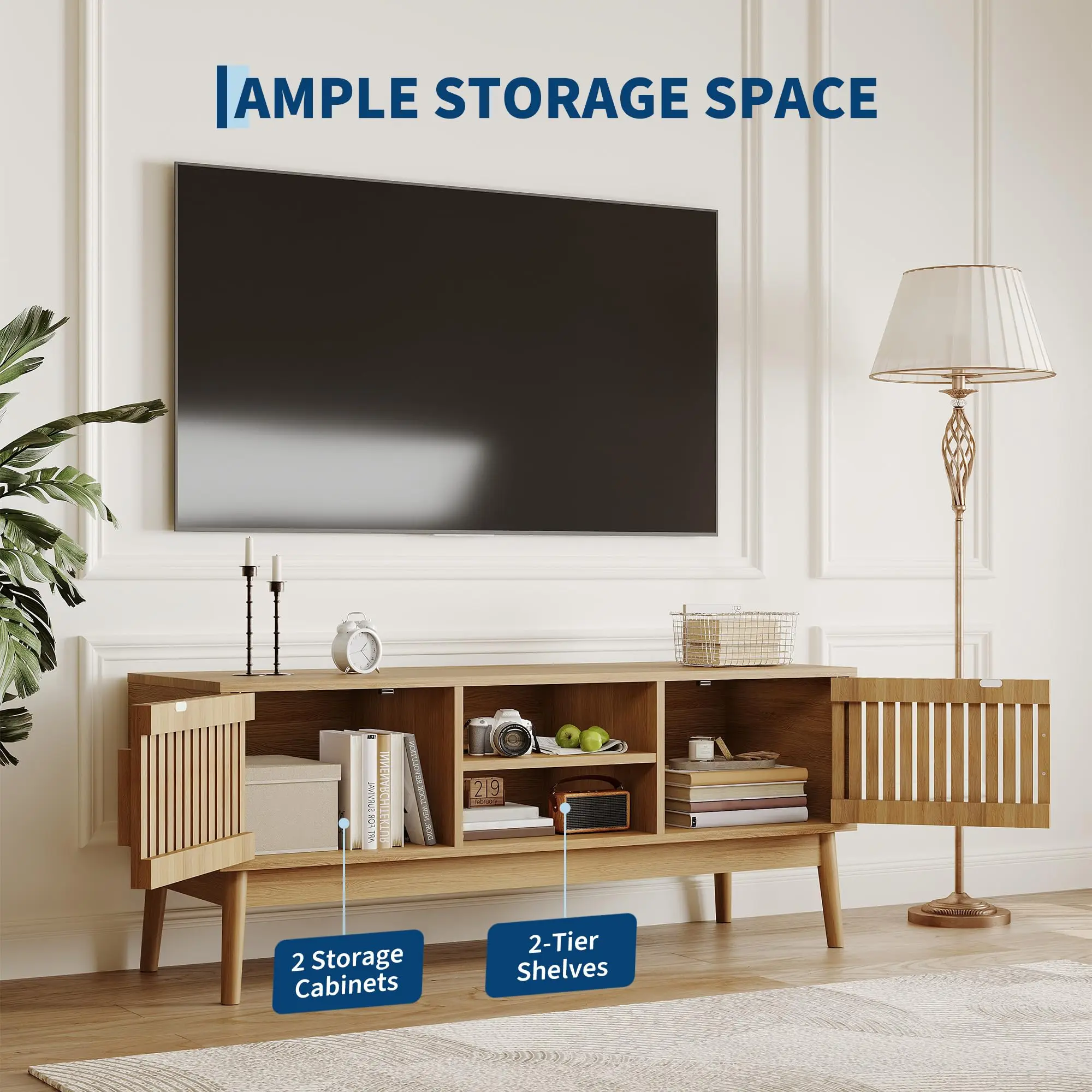 Modern Boho & Mid-Century Charm: Upgrade your living room decor with this stylish TV stand. Featuring fluted wood lattice doors