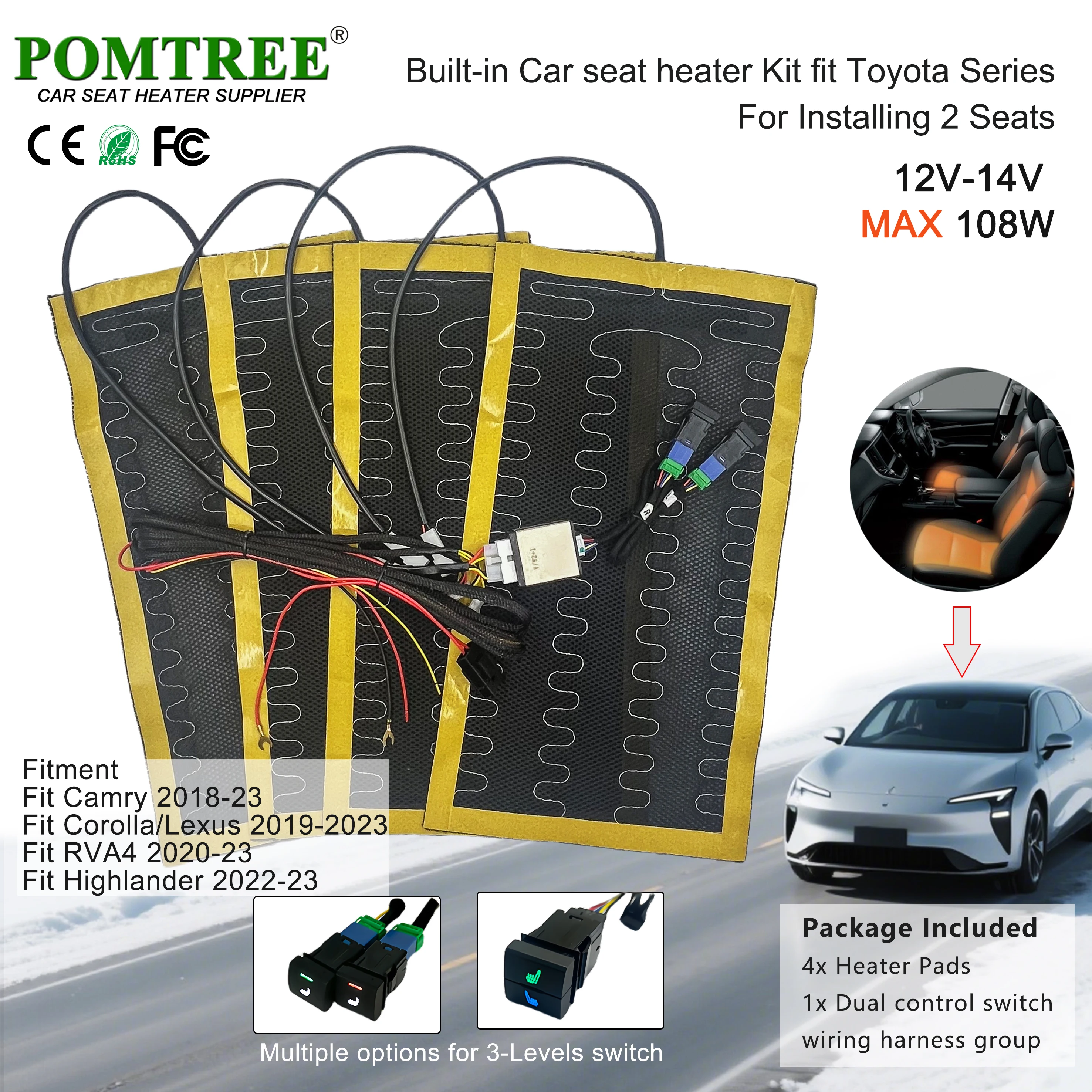 108 W integriertes Autositz-Heizungsset, passend für 2 Sitze, 4 Heizkissen, 3-stufiger Schalter für Toyota Camry Corolla RVA4 Lexus Highlander