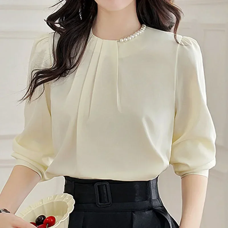 Nieuwe O-hals Vrouwen Blouse Lange Mouw Mode Kralen Chiffon Blouse Shirt Vrouwen Tops Blusa Blusas Camisas De Mujer Blouses M264